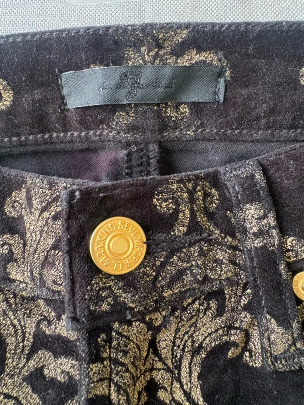 7 For All Mankind Black with Gold Damask Print Glam low rise Jeans